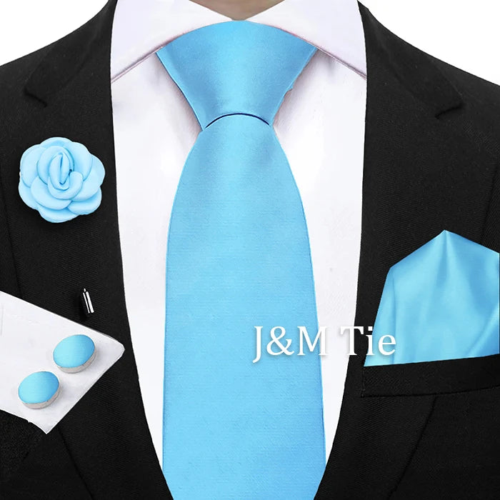 Mens Ties Solid NeckTie Pocket Square Brooch Set Men's Wedding Pink Blue Purple Tie Suit Accessories Fit Group Holiday Party