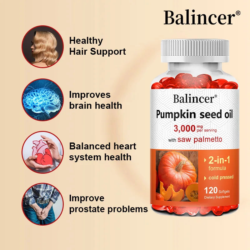 Virgin Pumpkin Seed Oil 3,000mg with Saw Palmetto, Rich in Omega 6 & 9 Essential Fatty Acids, Prostate & Bladder Supplement