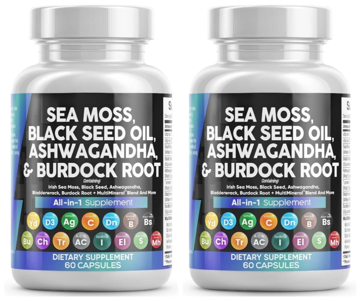 Sea Moss Capsules Contain Black Seed Turmeric & Vitamin D Plant-Based Daily Mineral  All in One Supplement 60 Count Per Bottle