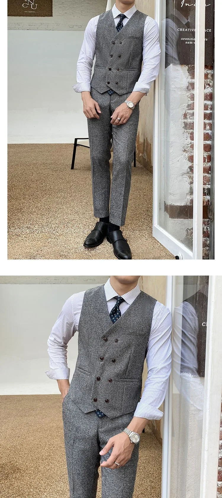 Vest Suit Men Groomsmen Clothes British Retro Tweed Vest Male Bridegroom Wedding Dress Brothers Outfit Waistcoat Pants Two Piece