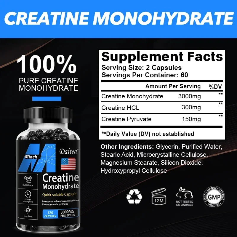 Daitea Creatine Monohydrate 3000 Mg - Strength, Muscle, Performance Supplement for Men and Women, Non-GMO and Gluten-Free
