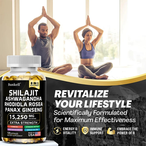 15250mg Shilajit Capsules with Ginseng Ashwagandha Turmeric, Energy Supplement Muscle Mass Endurance