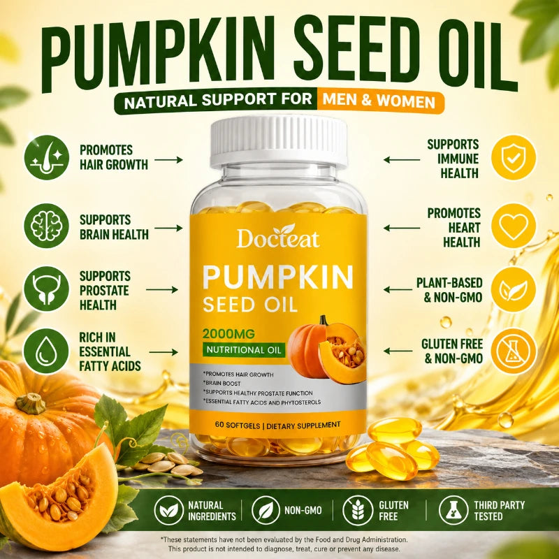 Docteat Pumpkin Seed Oil Softgels 2000mg Natural Source of Essential Fatty Acids Plant-Based Daily Nutrition Support 60 Count