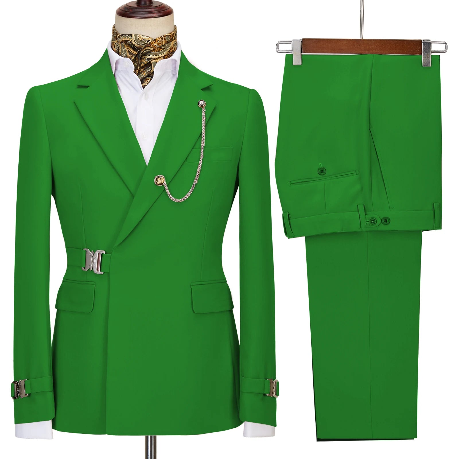 Elegant Men's Suit 2 Pieces Fashion Metal Buckle Jacket Boutique Business Casual Suit Coat Groom Wedding Dress (Blazers+Pants)