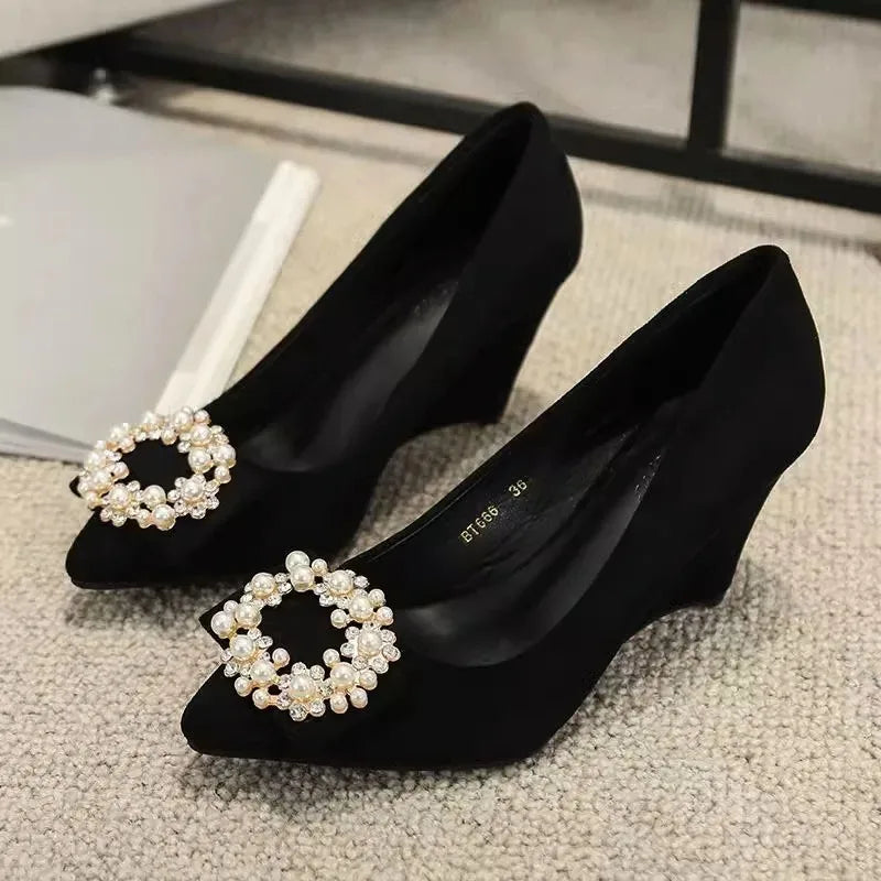 Women Shoes Fashion Wedges Platform Shoe Luxury Diamond Banquet Party Dress Shoes Pointe Shallow Mouth Single Shoe Zapatos Mujer