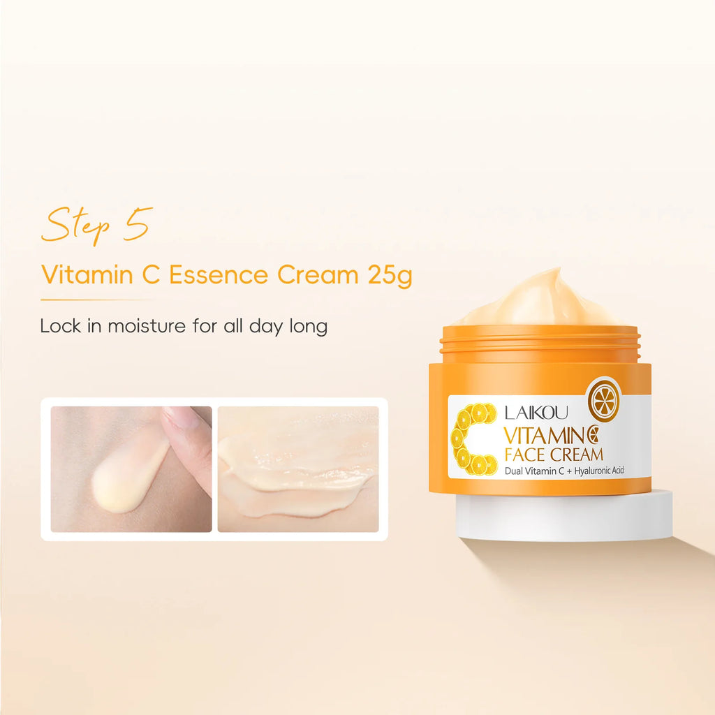 Facial Brightening Vitamin C Skincare 5pcs Set Essence Cream Serum Cleanser Toner Eye Moisturizer Care