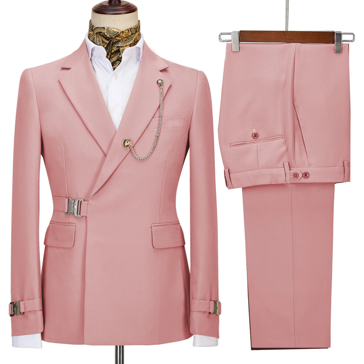 Elegant Men's Suit 2 Pieces Fashion Metal Buckle Jacket Boutique Business Casual Suit Coat Groom Wedding Dress (Blazers+Pants)