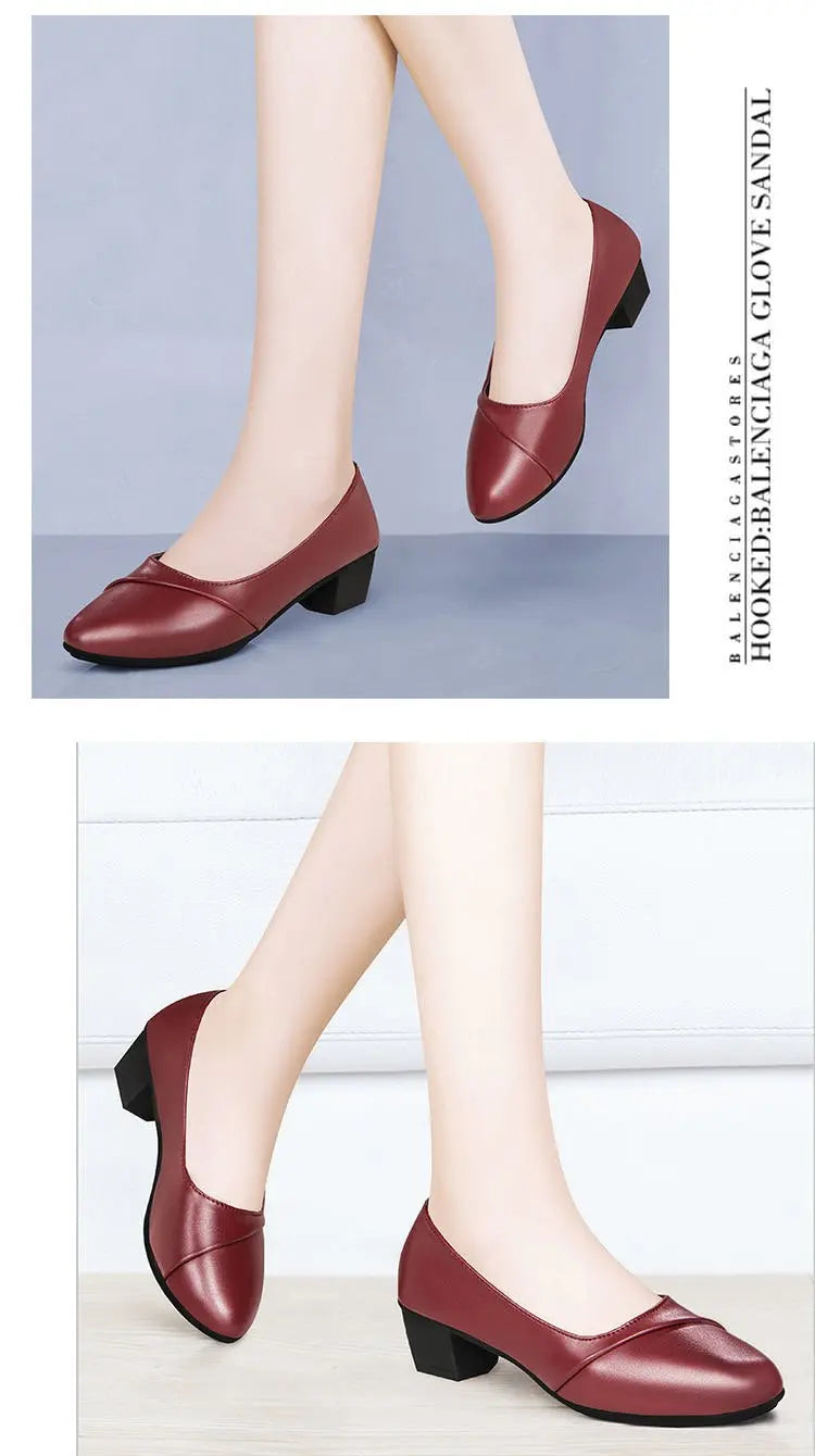 Women Shallow Mouth Mid Heel Shoes 3-5cm Square Heel Low Top Pointed Toe PU Leather Rubber Sole Comfort Casual Office Dress Wear