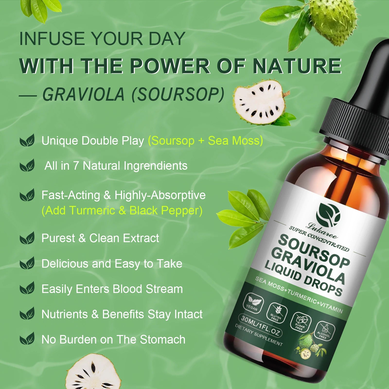 30ML Soursop Graviola Extract Drops Support Immunity and Digestion ,Metabolism Health, Detox and Antioxidation Gluten-Free