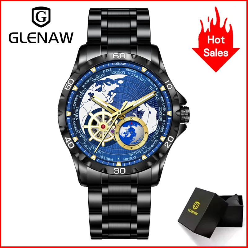 2025 New GLENAW Earth Series Mechanical Watch Men Rotating Earth Dial Night Light Waterproof Top Luxury Design Mechanical Watch