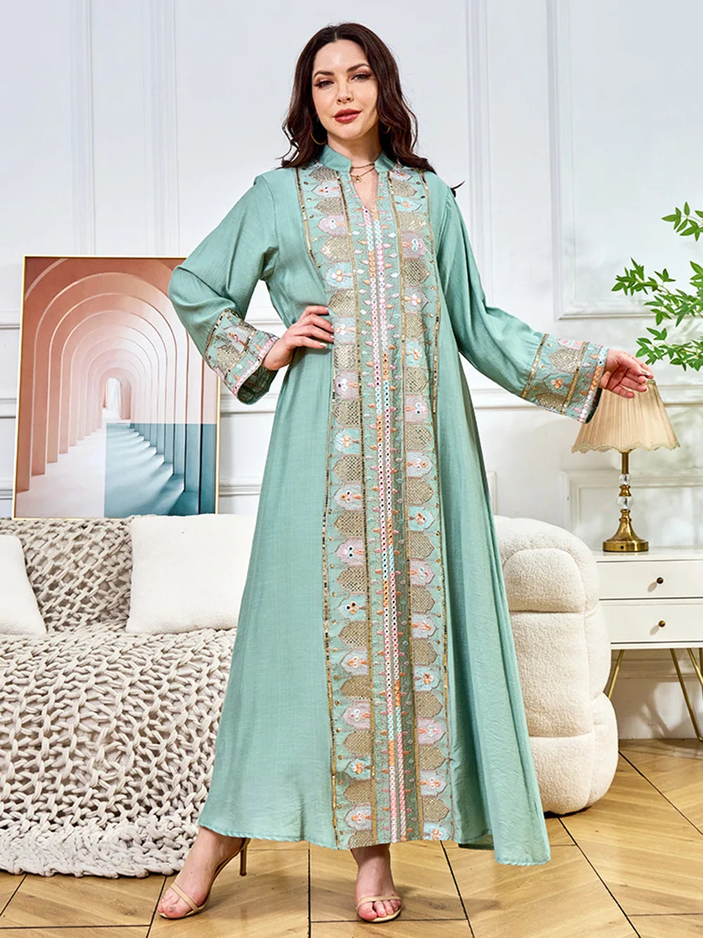 2025 Muslim Women Long Sleeve Kaftan Arabic Sequins Embroidered Party Evening Long Abaya Muslim Fashion Dresses Abaya Dubai