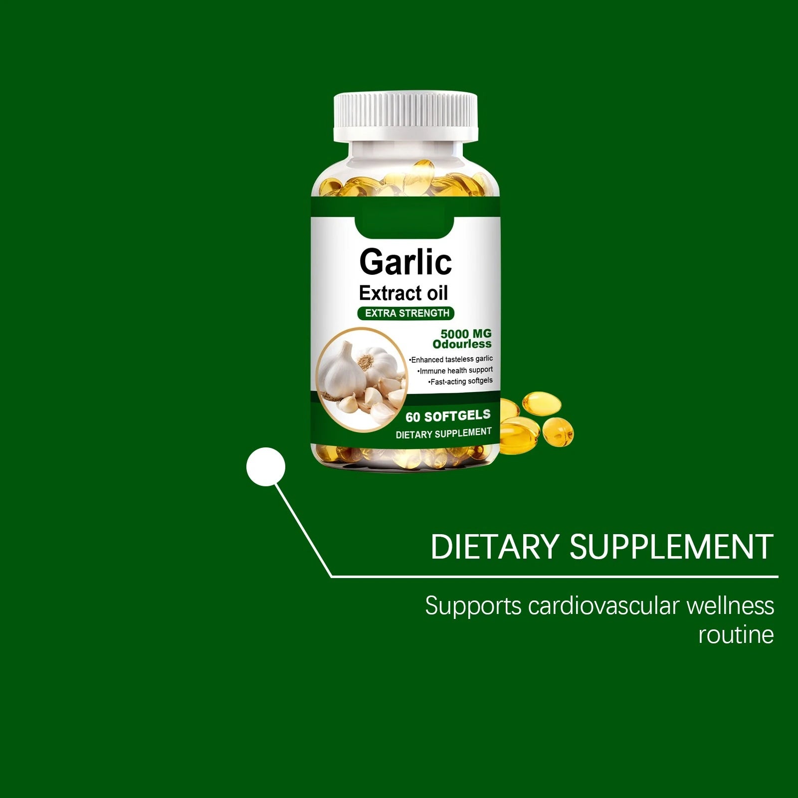 Odourless Garlic Extract Softgels 5000mg – Immune Boost & Heart Health Support – Fast-Acting Formula, 60 Tasteless Softgels