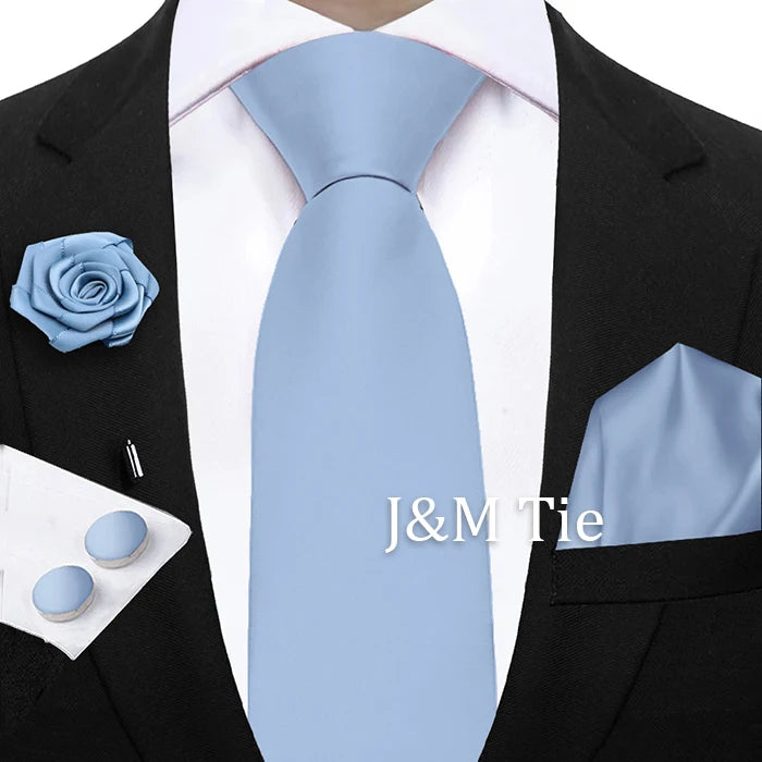 Mens Ties Solid NeckTie Pocket Square Brooch Set Men's Wedding Pink Blue Purple Tie Suit Accessories Fit Group Holiday Party