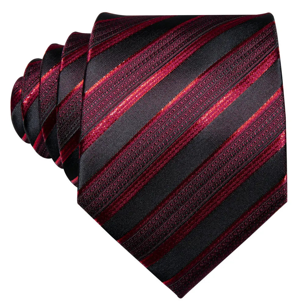Male Luxury Neck Tie For Men Business Red Striped Tie Hanky Cufflinks Set Neckwear Wedding Party Casual