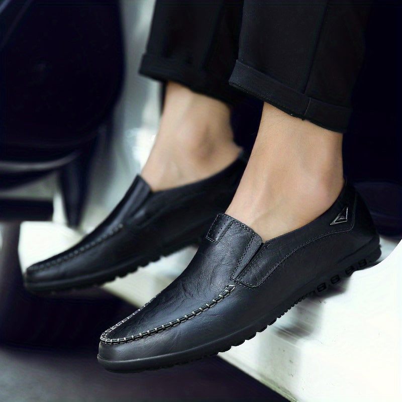 CLOHOO Men'S Genuine Faux Leather Slip-On Loafers - Non-Slip Comfortable Casual Shoes with Round Toe, Black, Rubber Sole, and Faux Cover Lining for All Seasons, Comfortable Footwear | Sleek Loafer Design | Durable Footwear