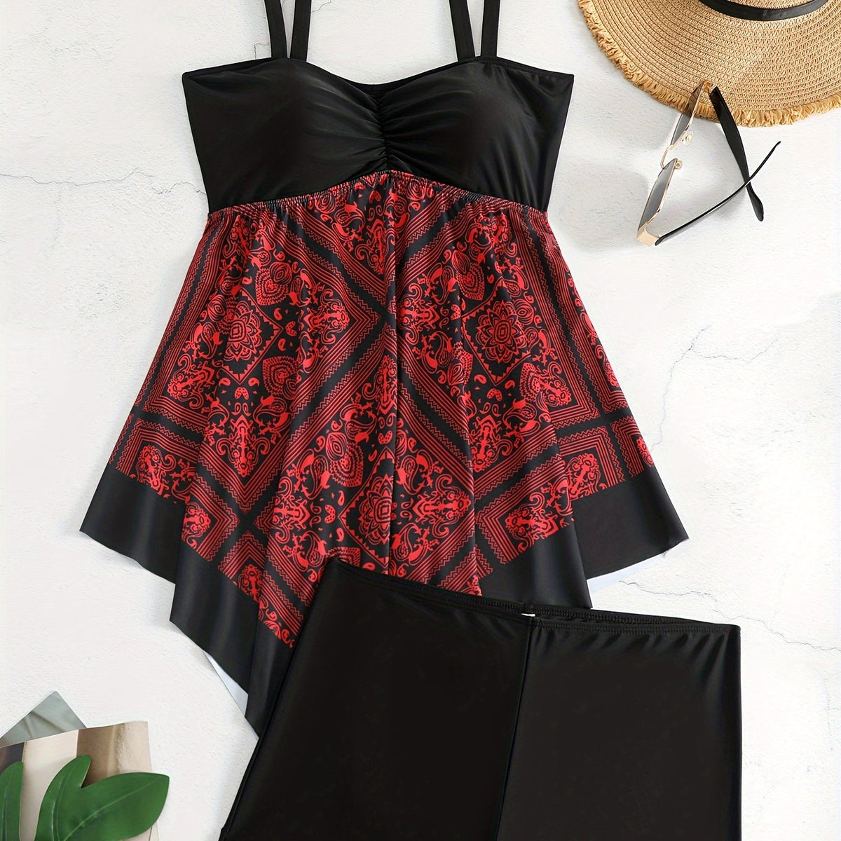 Plus Size Women's Printed Two-Piece Skirt Swimsuit, Sexy Printed Swimwear, Plus Size Style