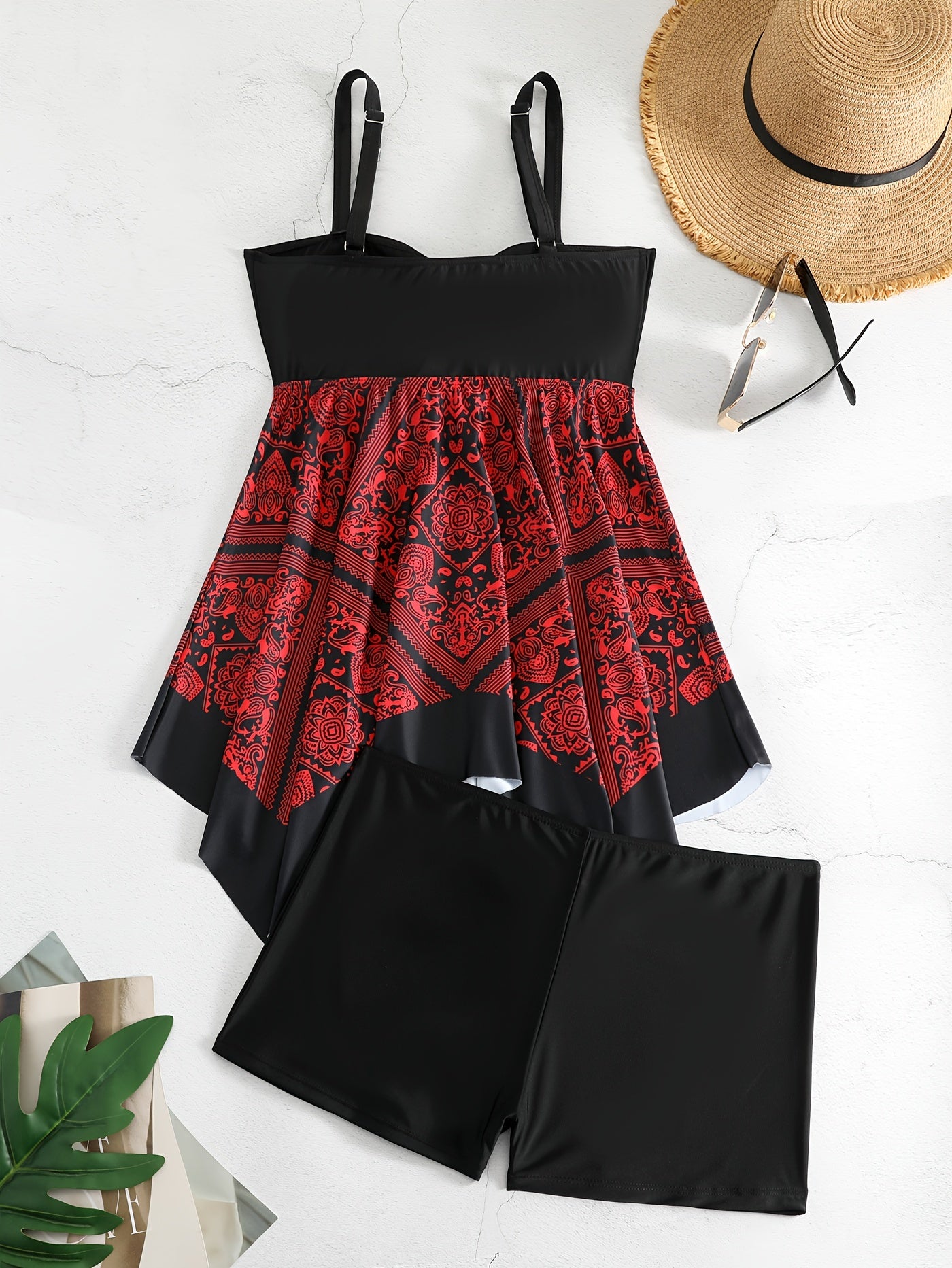 Plus Size Women's Printed Two-Piece Skirt Swimsuit, Sexy Printed Swimwear, Plus Size Style
