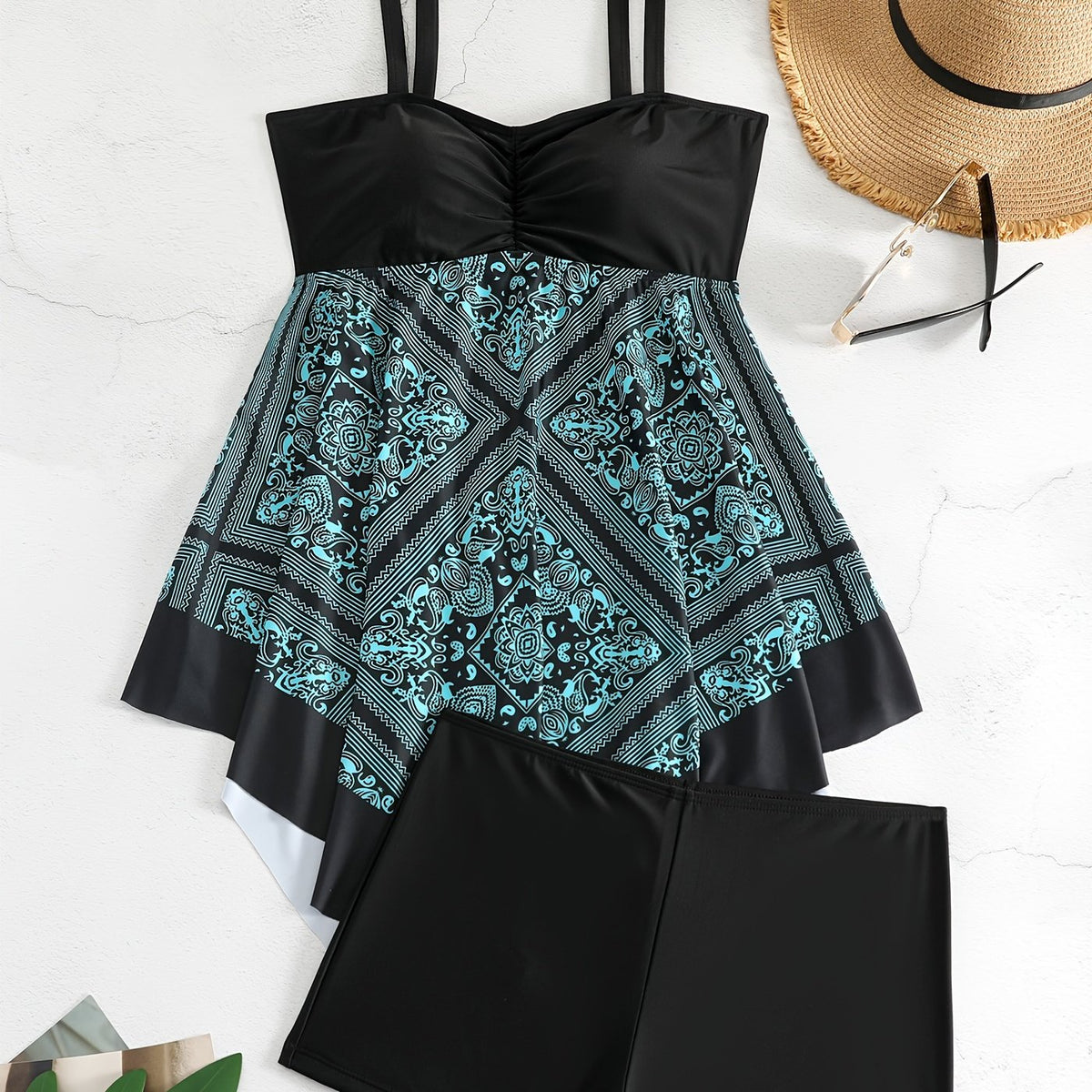 Plus Size Women's Printed Two-Piece Skirt Swimsuit, Sexy Printed Swimwear, Plus Size Style