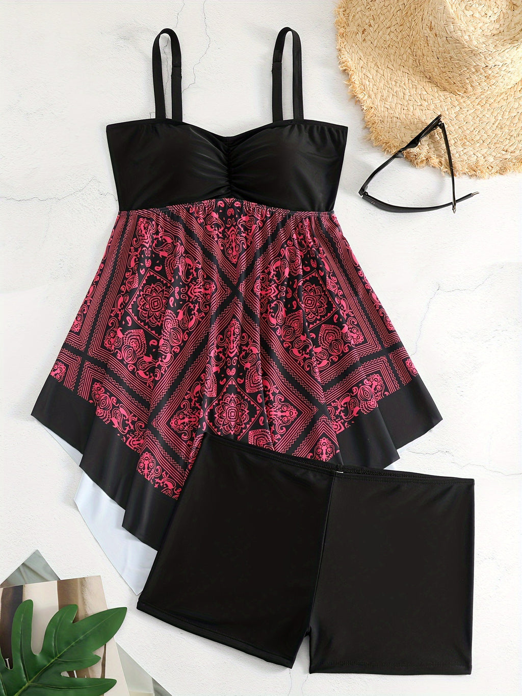 Plus Size Women's Printed Two-Piece Skirt Swimsuit, Sexy Printed Swimwear, Plus Size Style