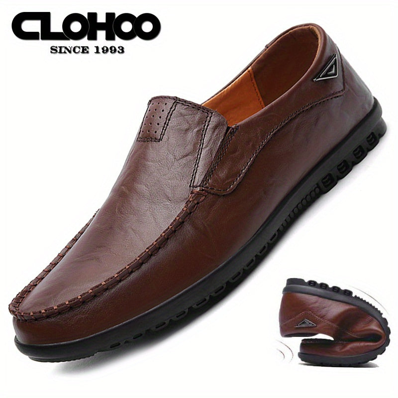 CLOHOO Men'S Genuine Faux Leather Slip-On Loafers - Non-Slip Comfortable Casual Shoes with Round Toe, Black, Rubber Sole, and Faux Cover Lining for All Seasons, Comfortable Footwear | Sleek Loafer Design | Durable Footwear