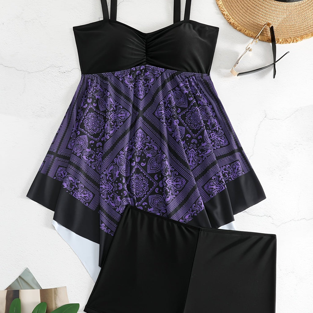 Plus Size Women's Printed Two-Piece Skirt Swimsuit, Sexy Printed Swimwear, Plus Size Style