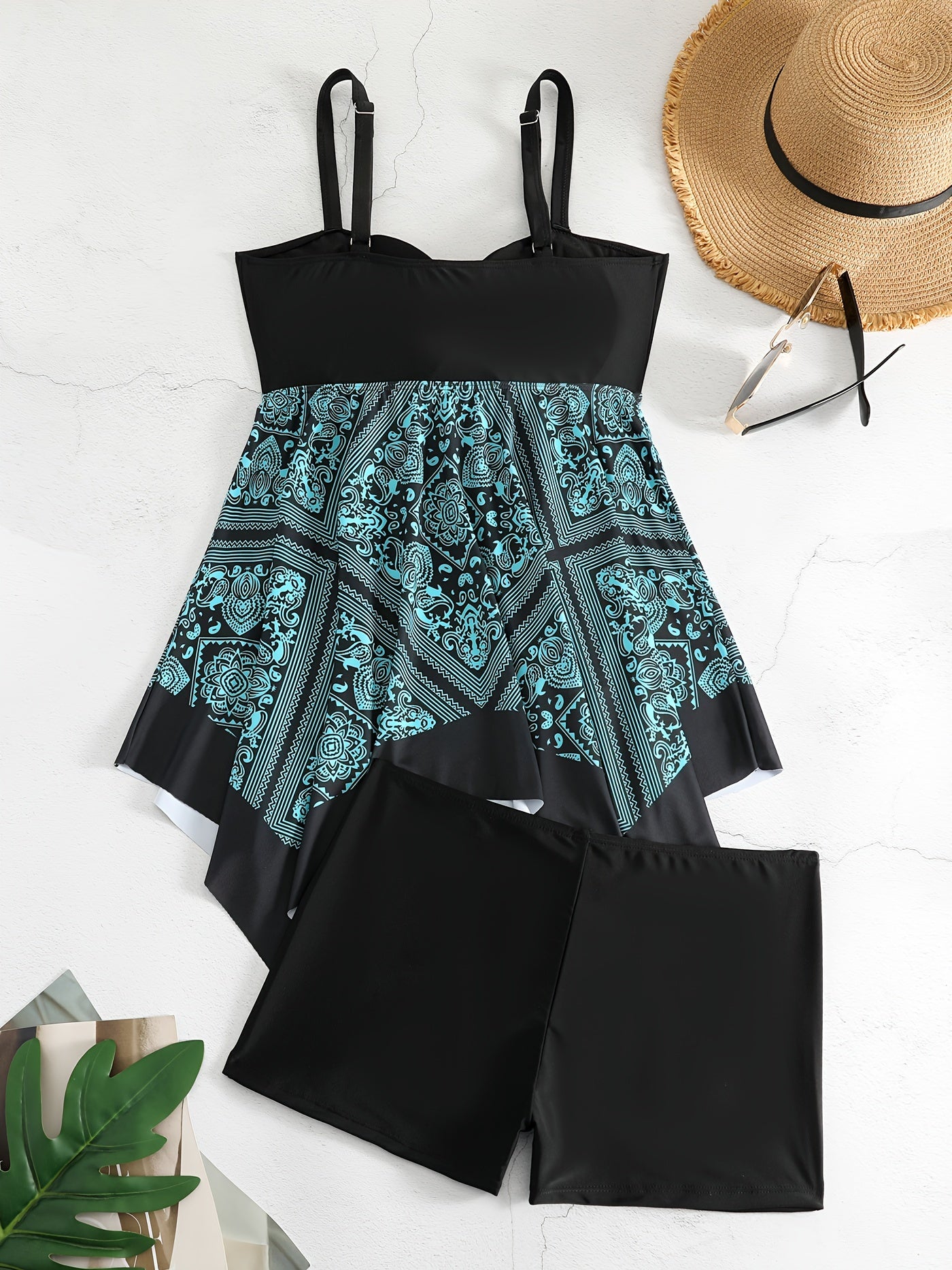 Plus Size Women's Printed Two-Piece Skirt Swimsuit, Sexy Printed Swimwear, Plus Size Style