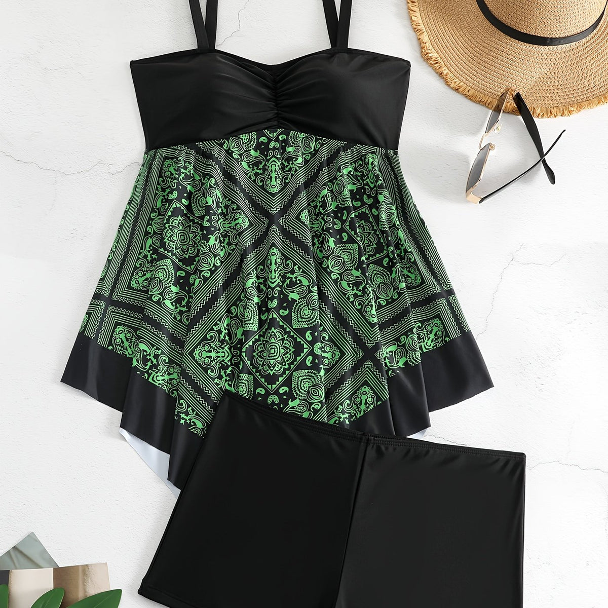 Plus Size Women's Printed Two-Piece Skirt Swimsuit, Sexy Printed Swimwear, Plus Size Style