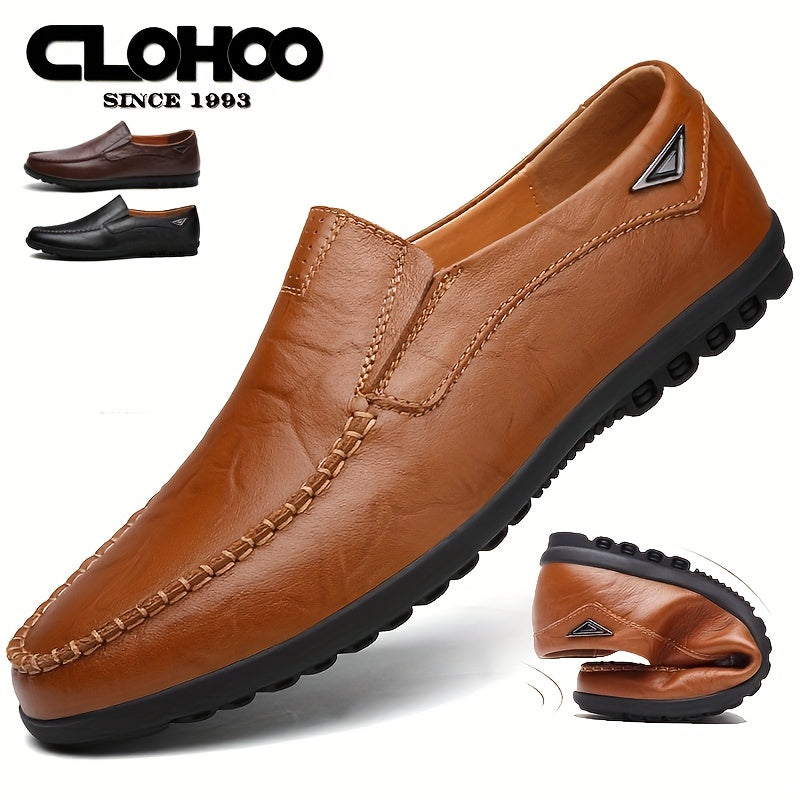 CLOHOO Men'S Genuine Faux Leather Slip-On Loafers - Non-Slip Comfortable Casual Shoes with Round Toe, Black, Rubber Sole, and Faux Cover Lining for All Seasons, Comfortable Footwear | Sleek Loafer Design | Durable Footwear
